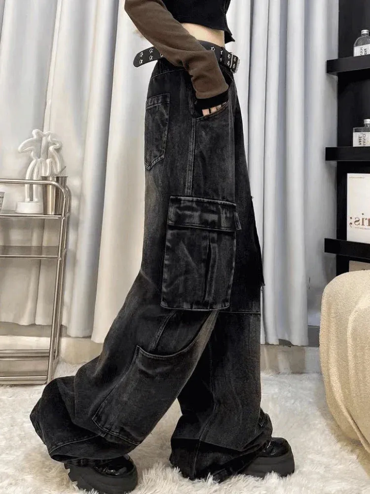 Cargo Jeans Women Vintage Baggy Pocket Slouchy Wide Leg Denim Pants