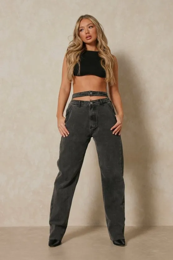 Charcoal Double Belt Straight Fit Jeans