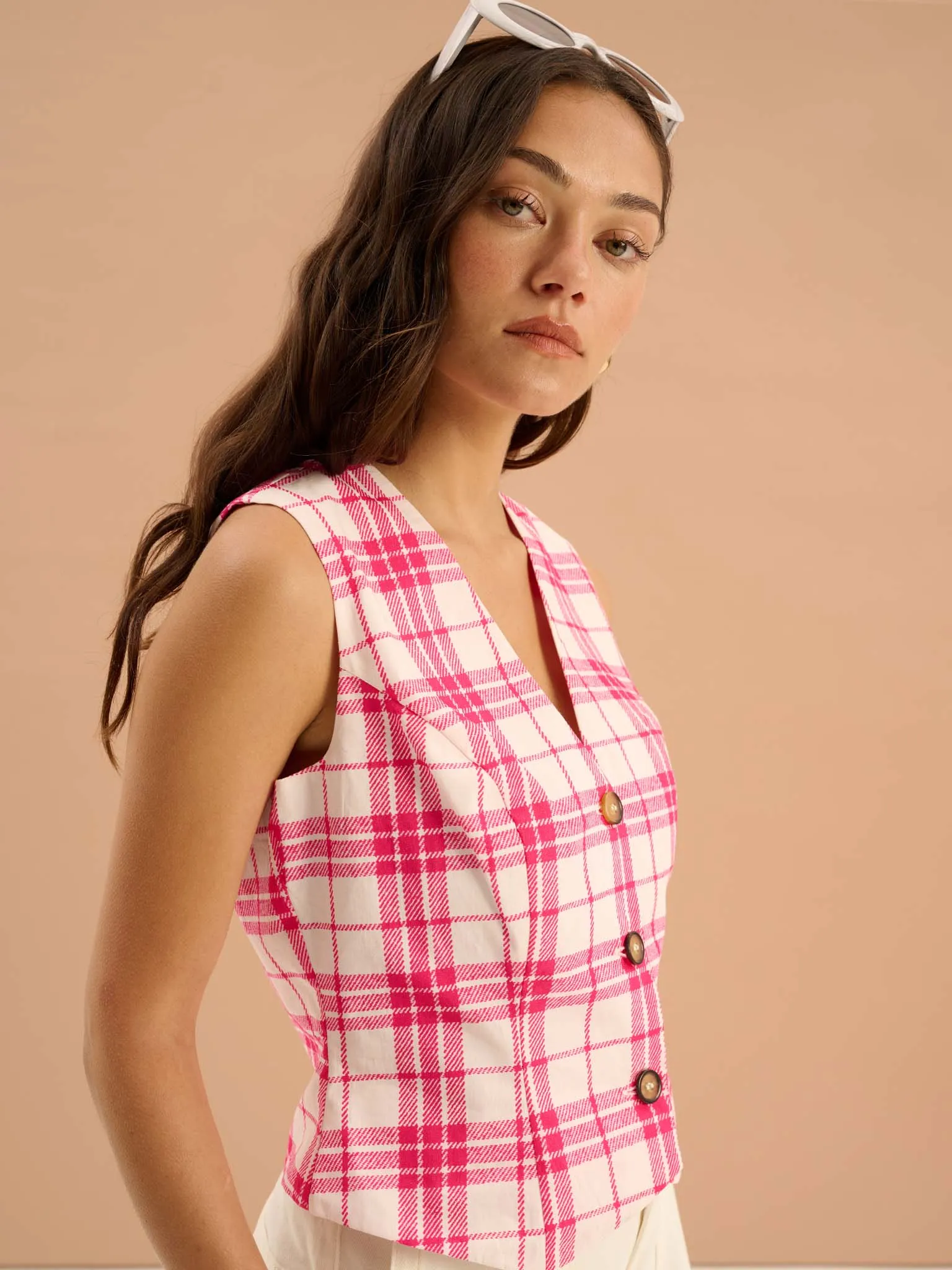 Cindy V Neck Check Print Waistcoat in Pink