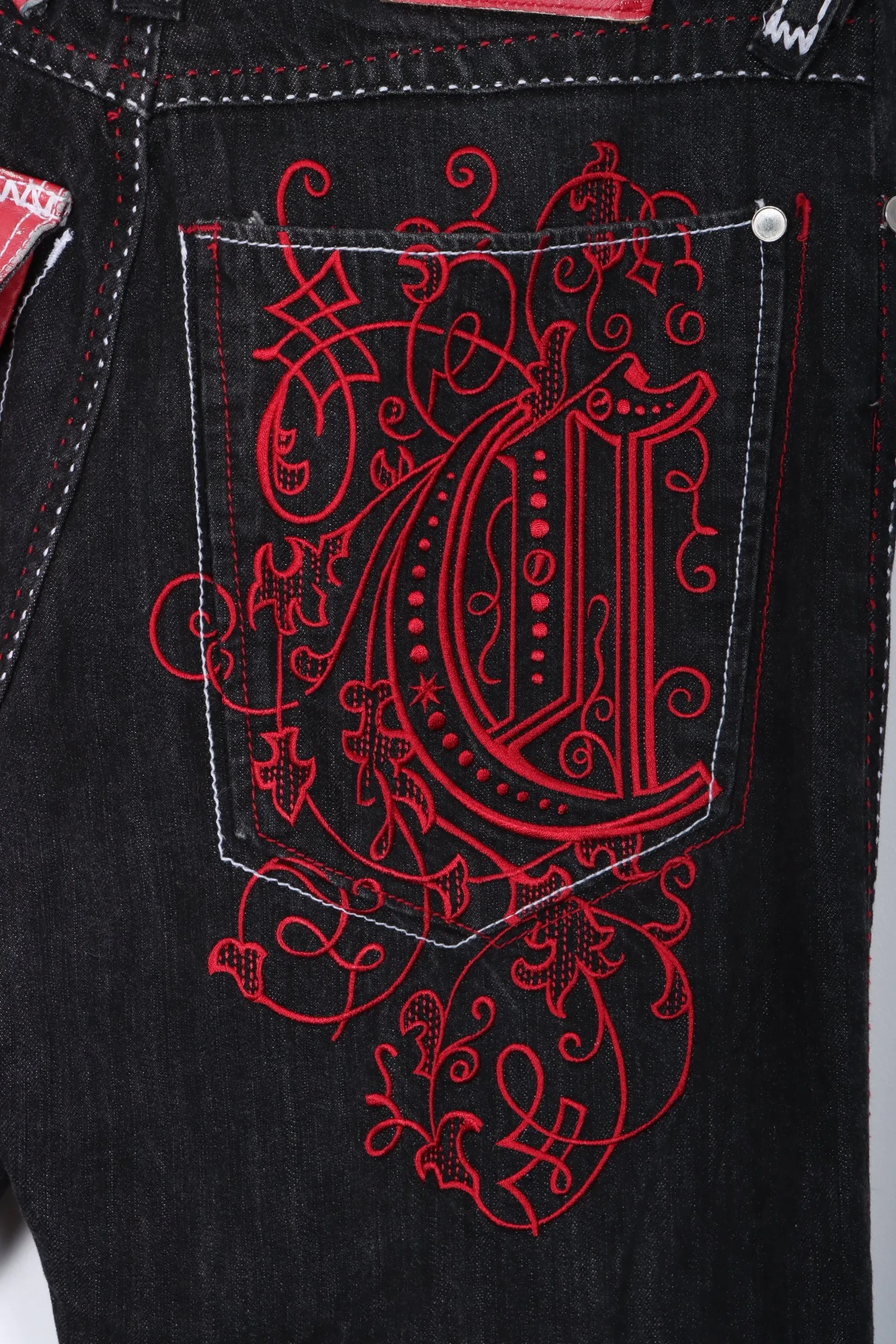 COOGI Limited Edition Y2K Red Leather Embroidered Jeans (34x34)