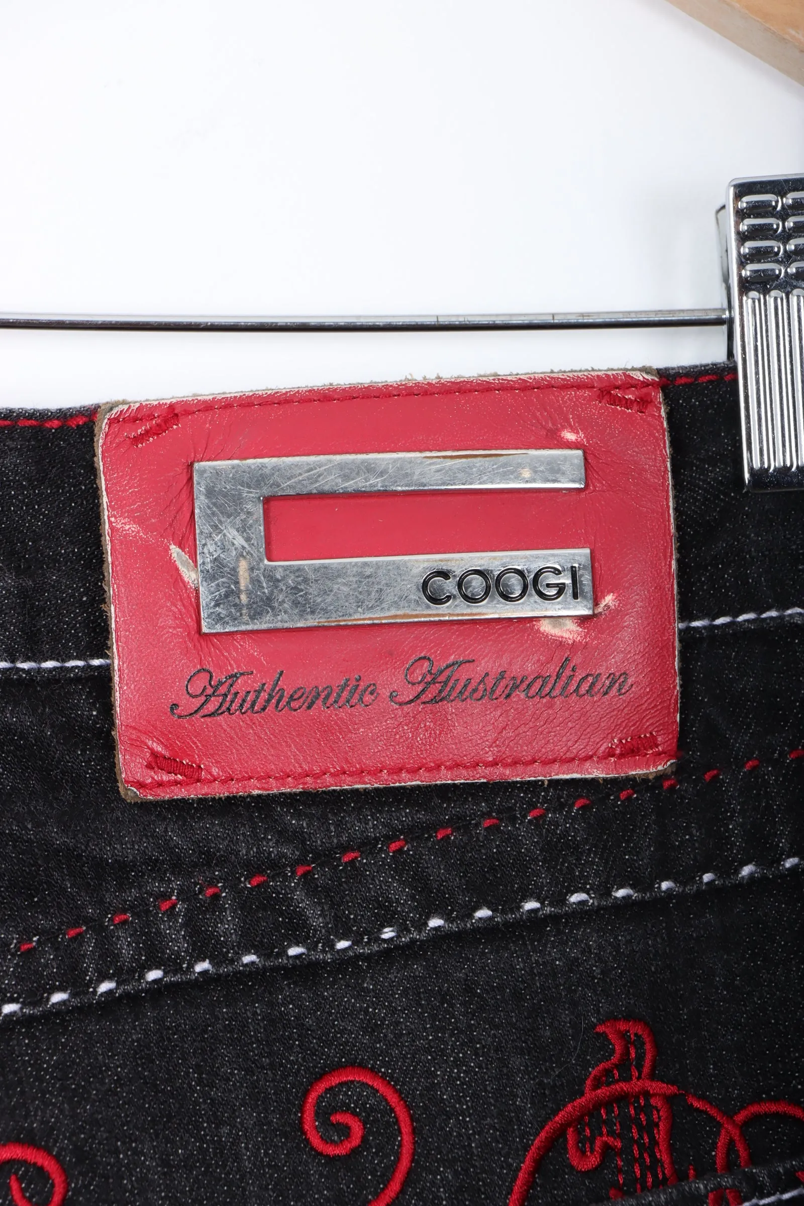 COOGI Limited Edition Y2K Red Leather Embroidered Jeans (34x34)