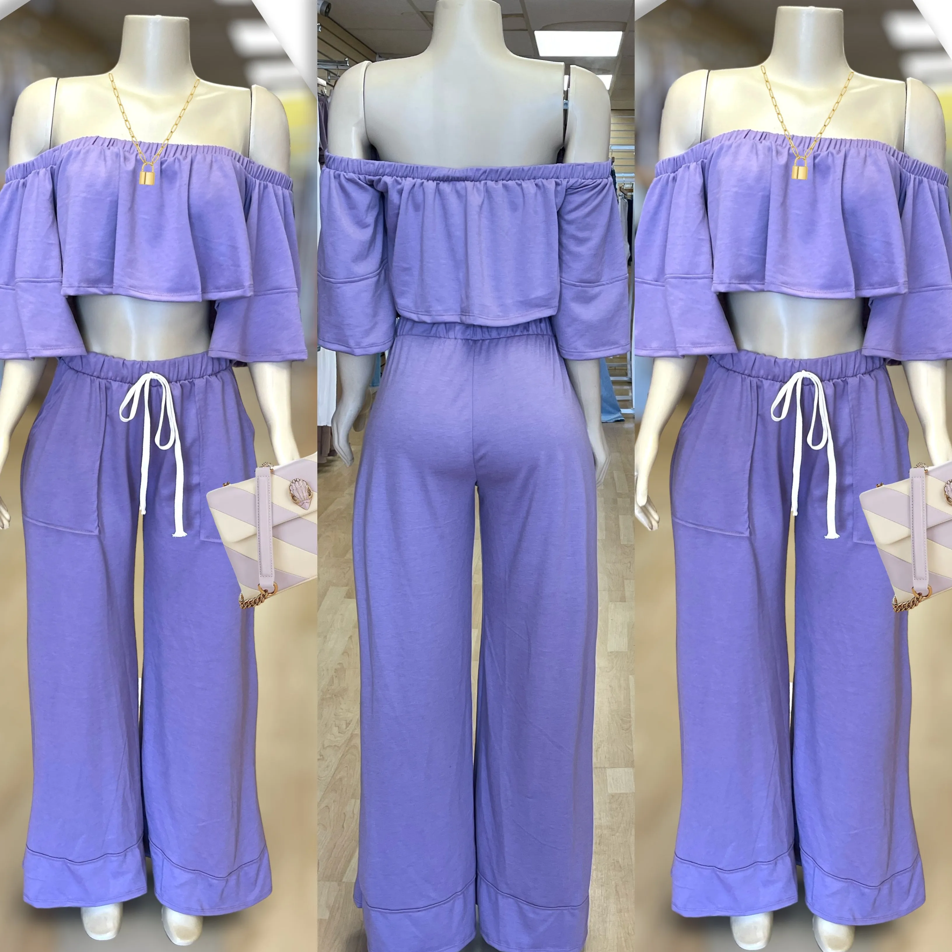 Cotton Breeze Off Shoulder Pants and Top Set ( Purple)