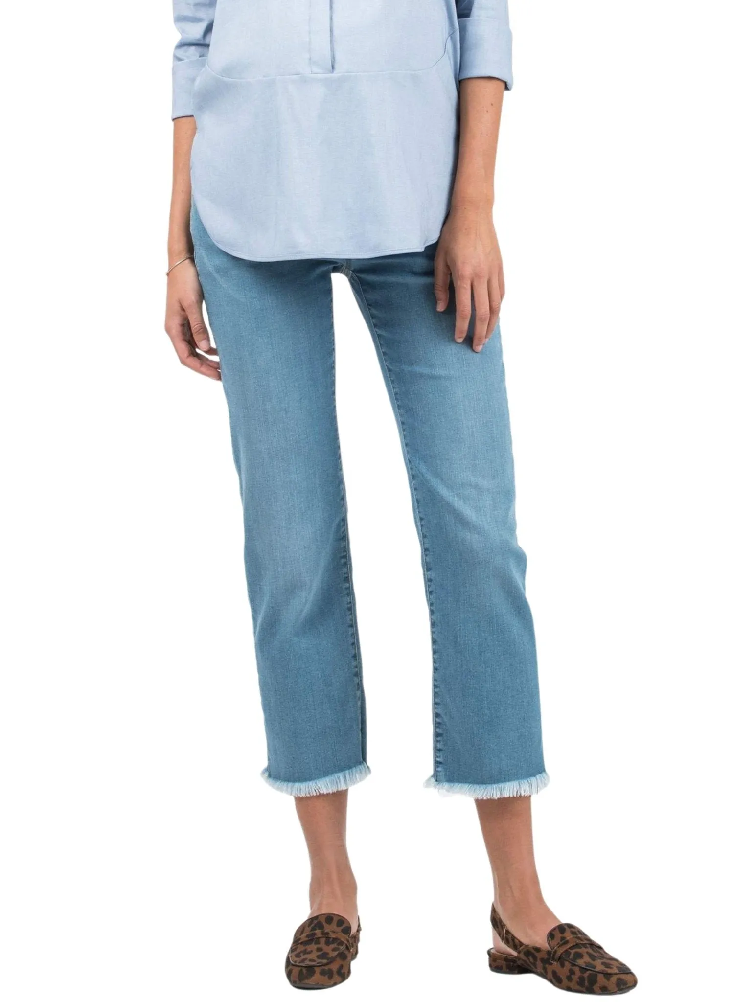 Cropped Straight Maternity Jeans with Fringed Hem - Light Wash