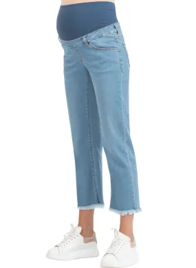 Cropped Straight Maternity Jeans with Fringed Hem - Light Wash