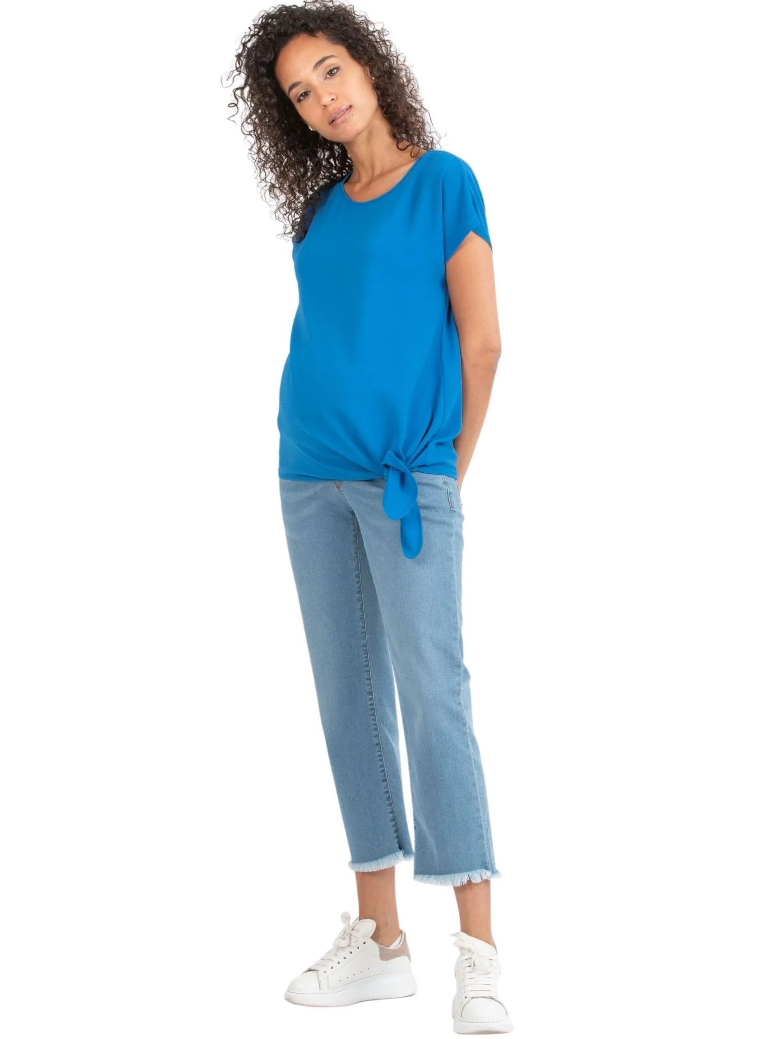 Cropped Straight Maternity Jeans with Fringed Hem - Light Wash