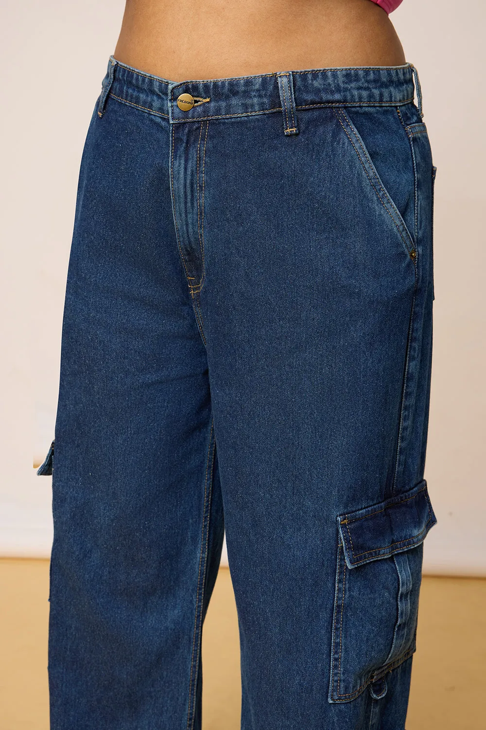 Curved Blue Denim Cargo Jeans