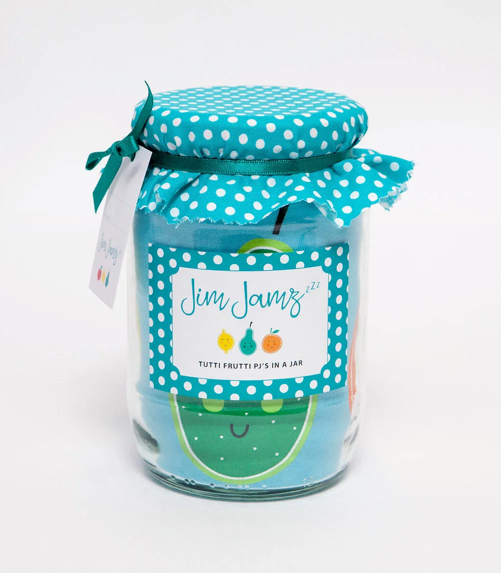 Cute Turquoise Tutti Fruitt Pyjamas for kids in a Jar