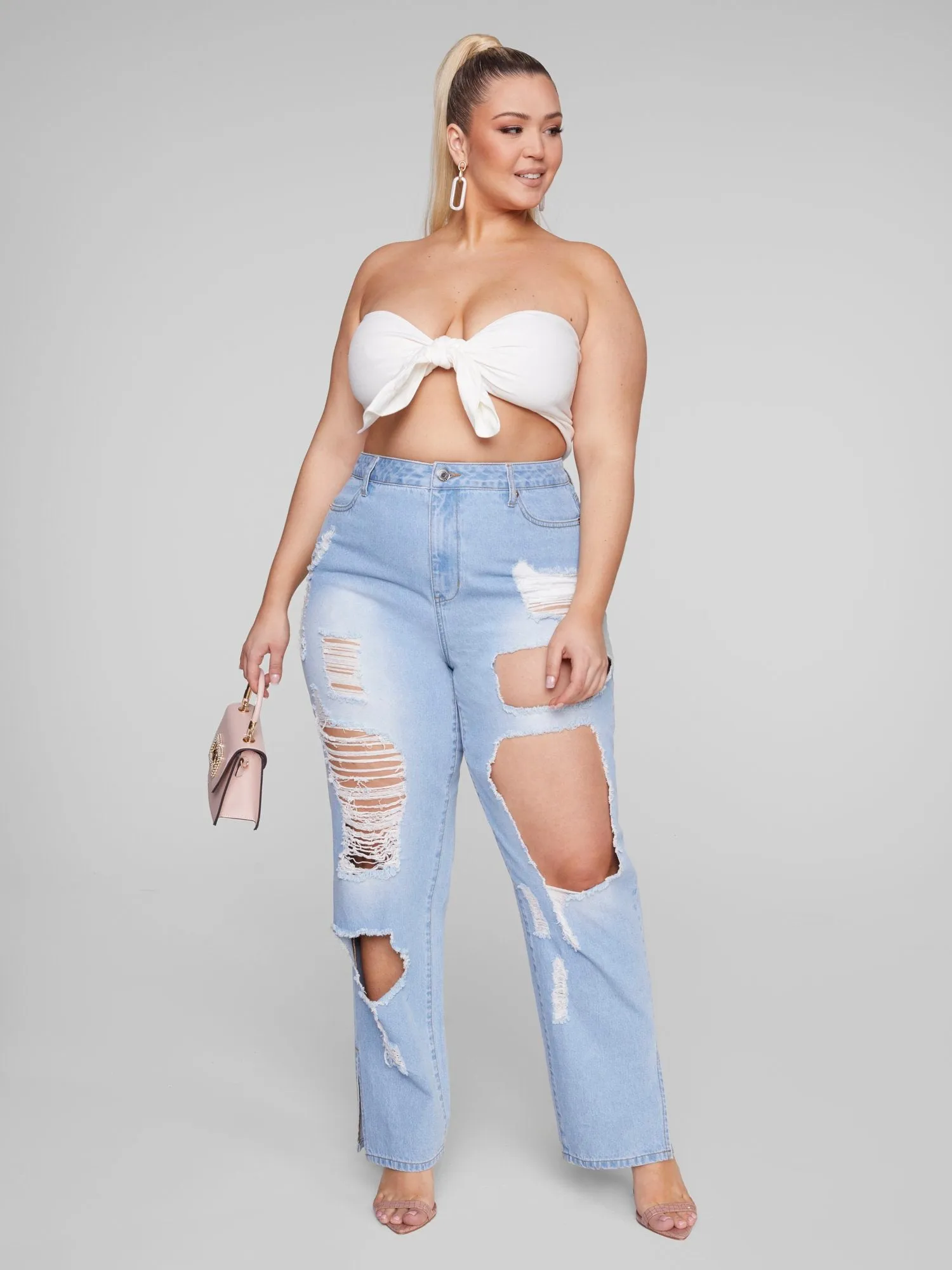 Destructed Light Wash Straight Leg Jeans