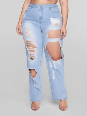 Destructed Light Wash Straight Leg Jeans