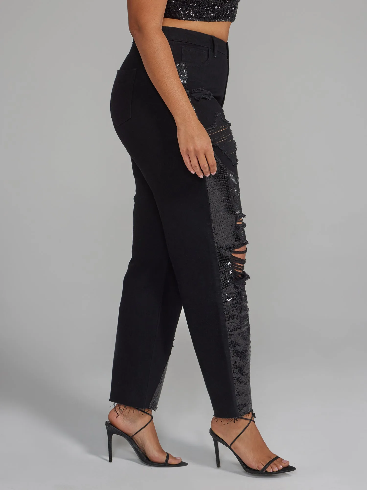 Distressed Straight Leg Jeans with Sequin Details