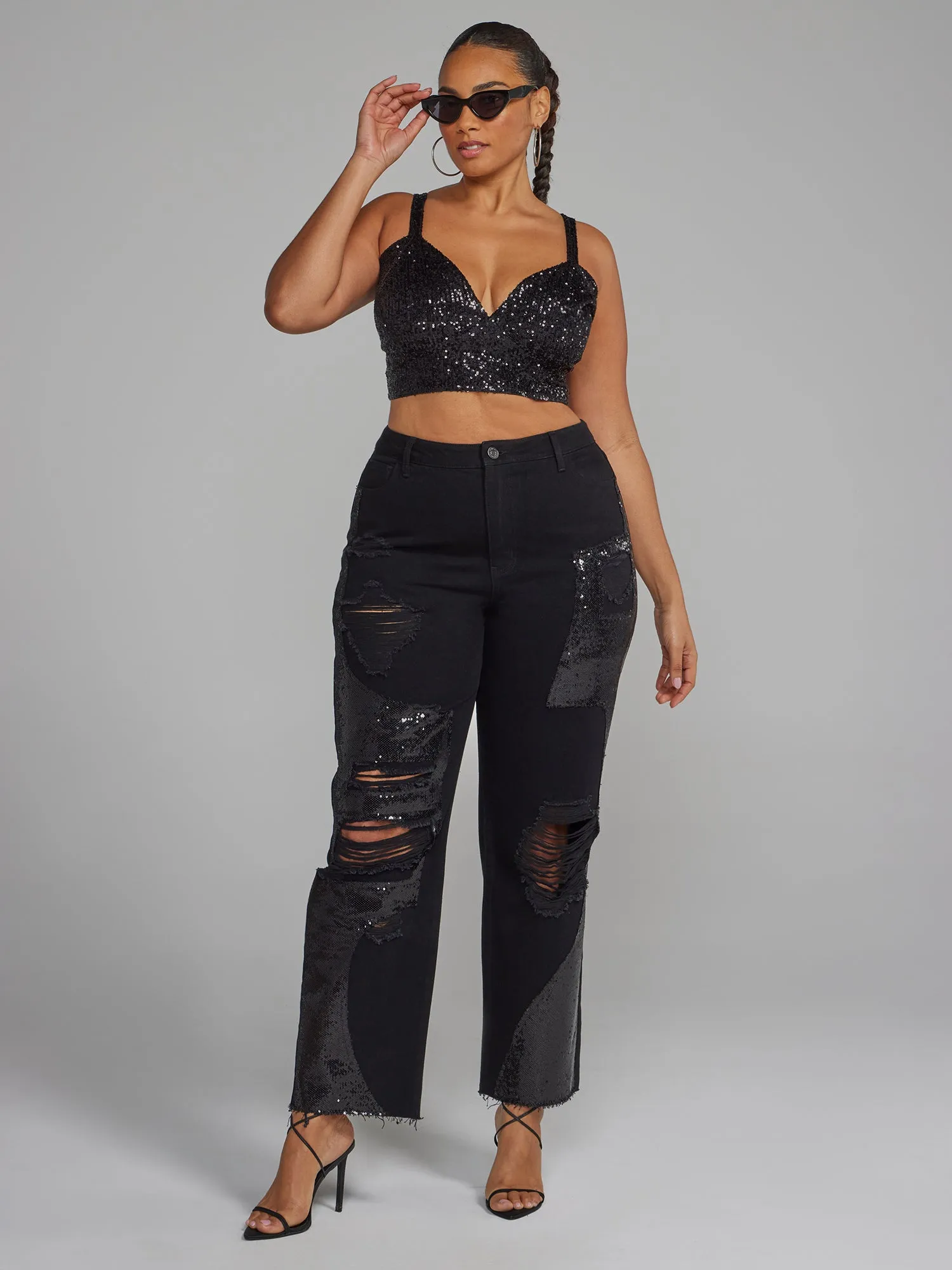 Distressed Straight Leg Jeans with Sequin Details