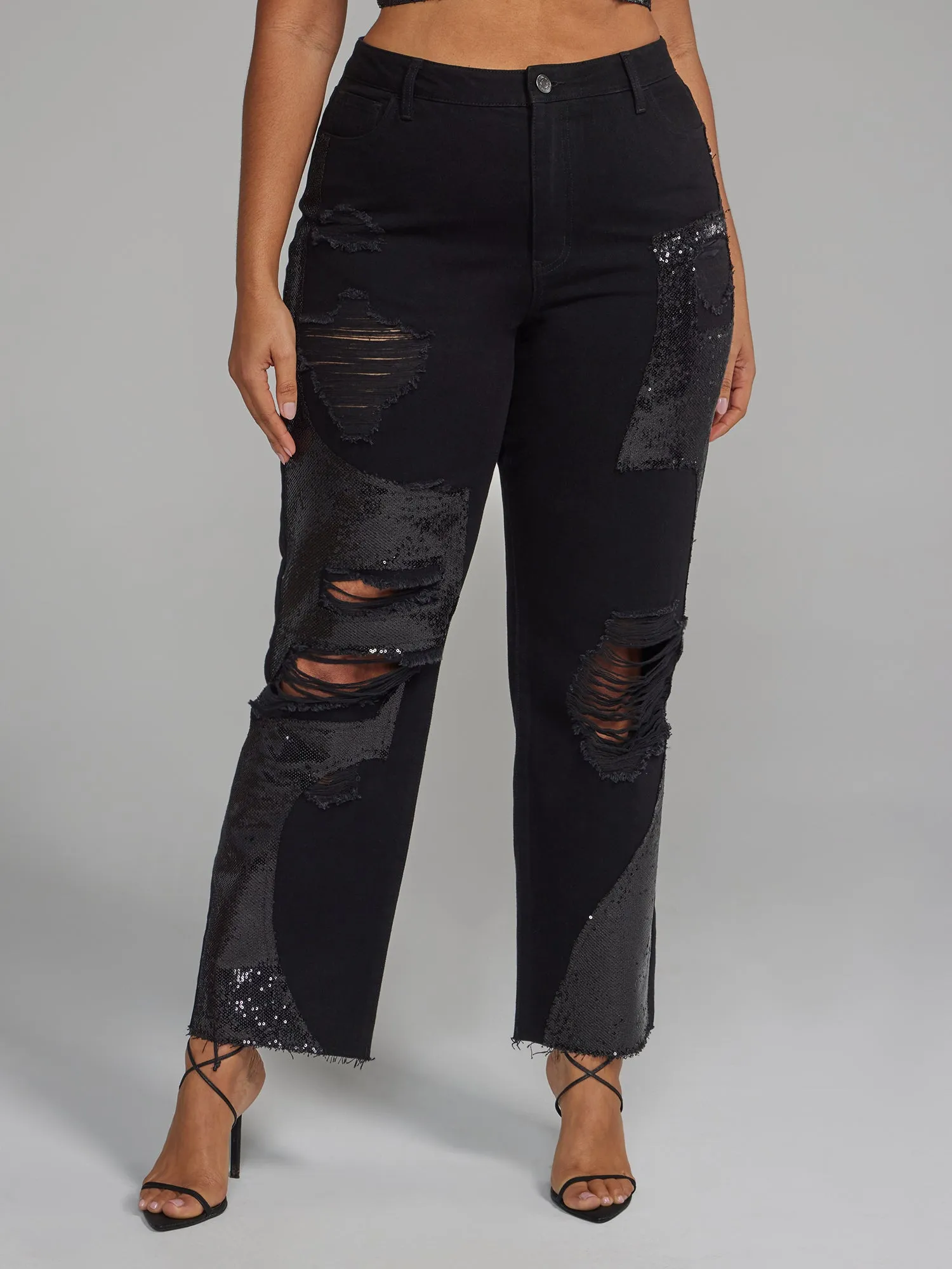 Distressed Straight Leg Jeans with Sequin Details