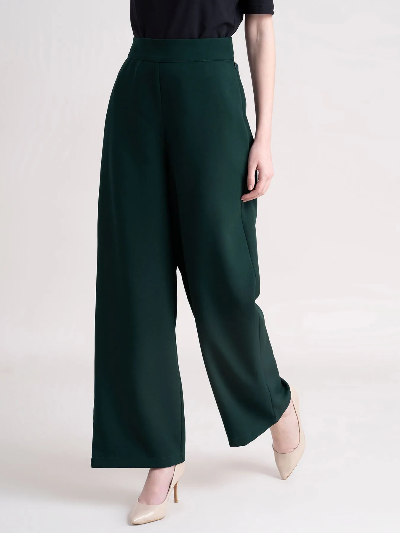 Elasticated Wide Leg Trouser - Bottle Green