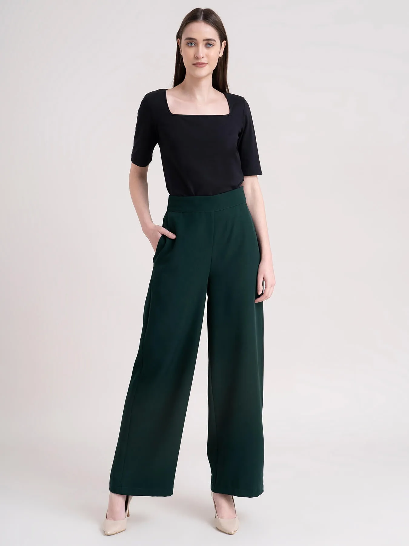 Elasticated Wide Leg Trouser - Bottle Green