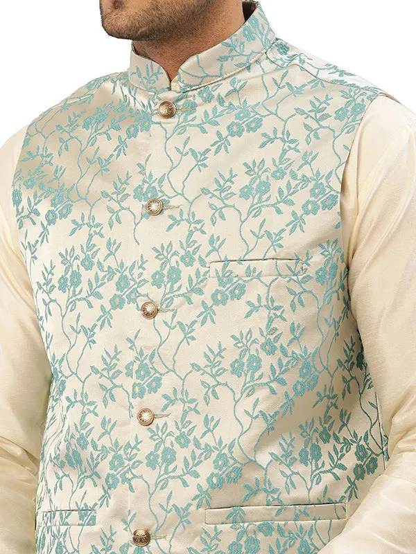 Elegant Nehru Vest for Men with Mandarin Collar - Floral Design (Cream Turquoise)