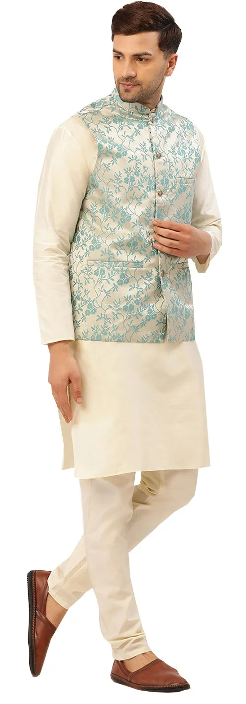 Elegant Nehru Vest for Men with Mandarin Collar - Floral Design (Cream Turquoise)