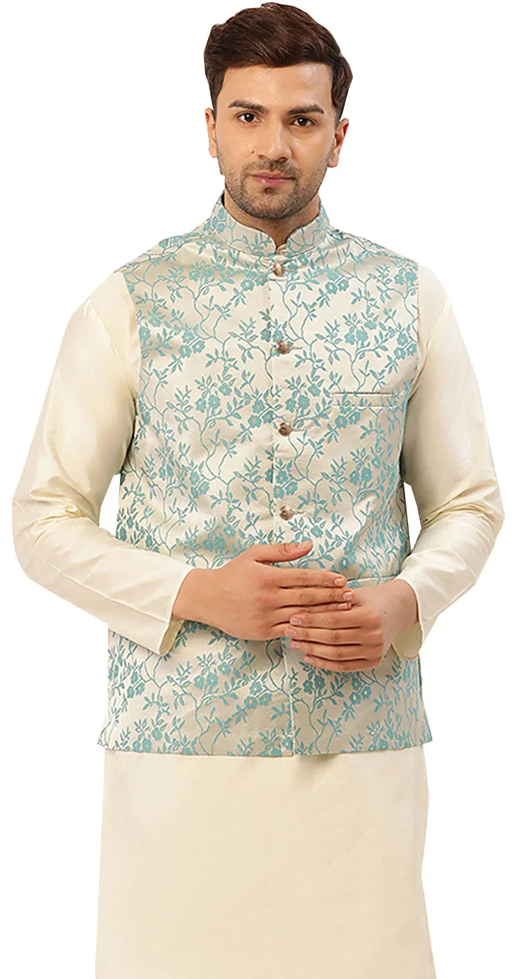 Elegant Nehru Vest for Men with Mandarin Collar - Floral Design (Cream Turquoise)