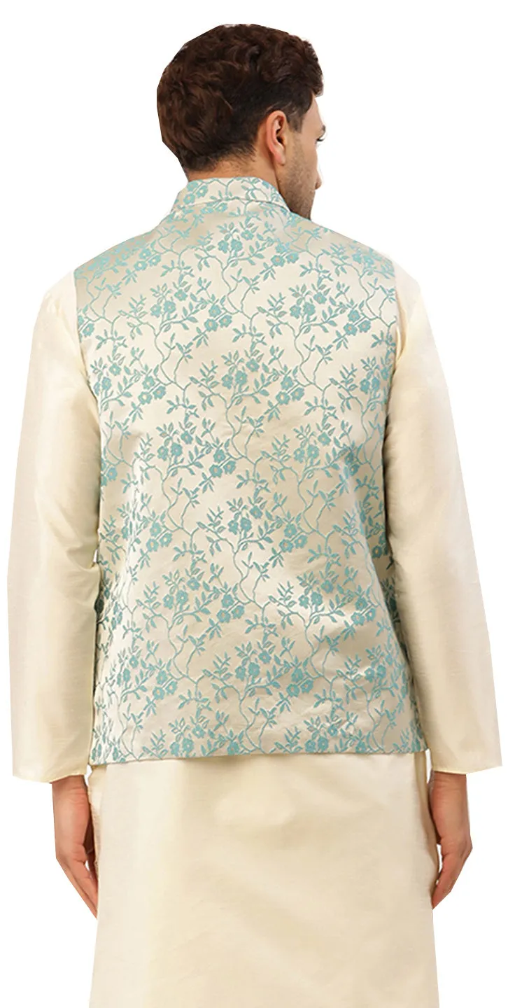 Elegant Nehru Vest for Men with Mandarin Collar - Floral Design (Cream Turquoise)