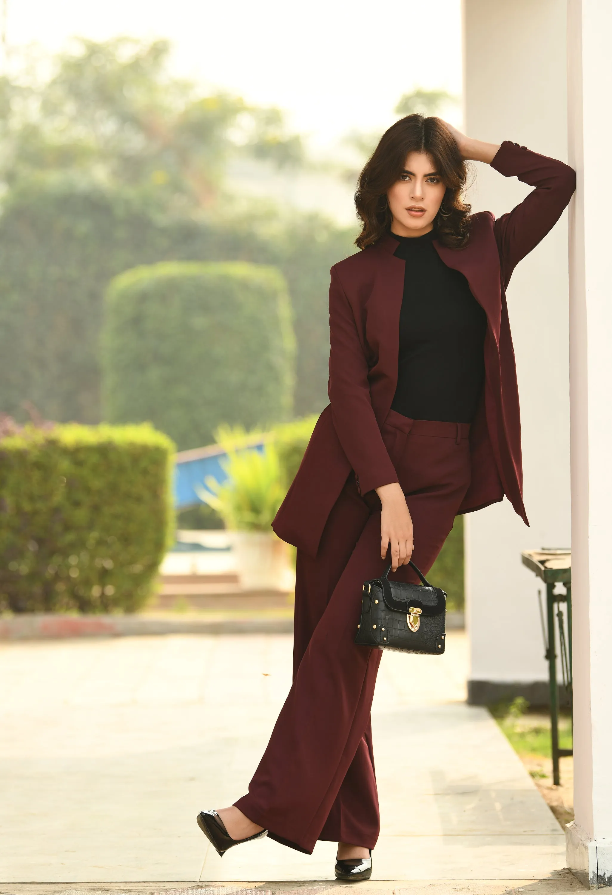 Exude Mastery Solid Long Blazer with Bootcut Trousers (Wine)