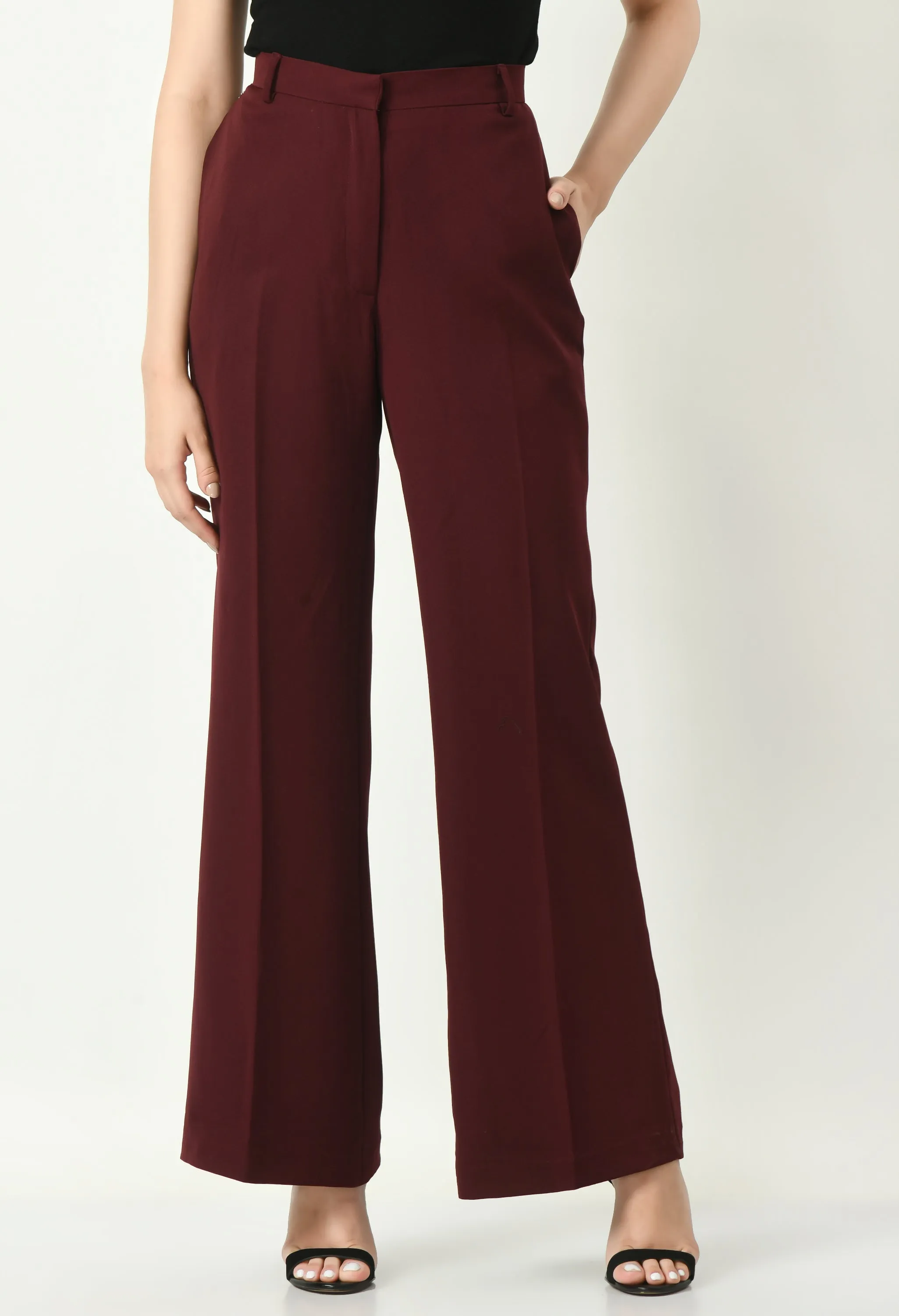 Exude Mastery Solid Long Blazer with Bootcut Trousers (Wine)