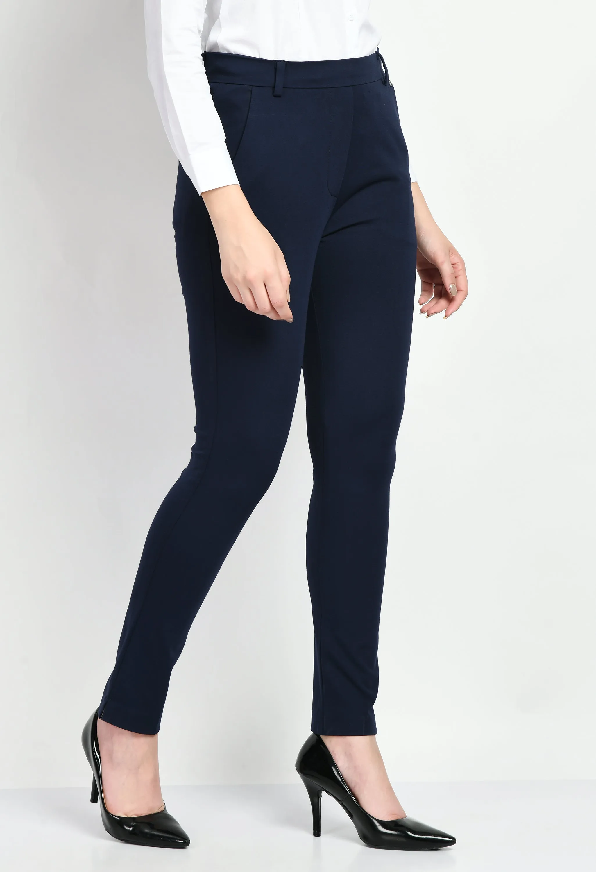 Exude Respect Solid 4 Way Stretch Slim Trousers (Navy)