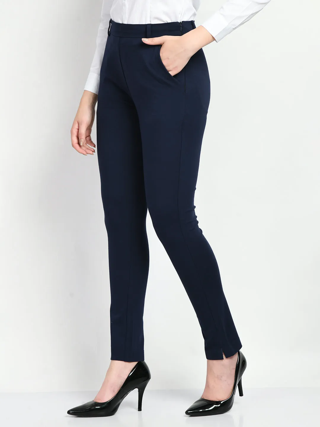 Exude Respect Solid 4 Way Stretch Slim Trousers (Navy)