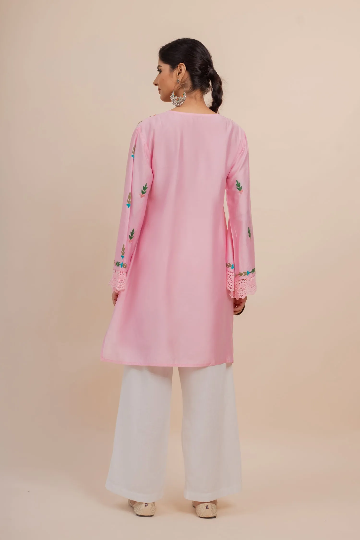 Falak Kashmiri Long Kurta In Pink Chanderi Silk With Aari