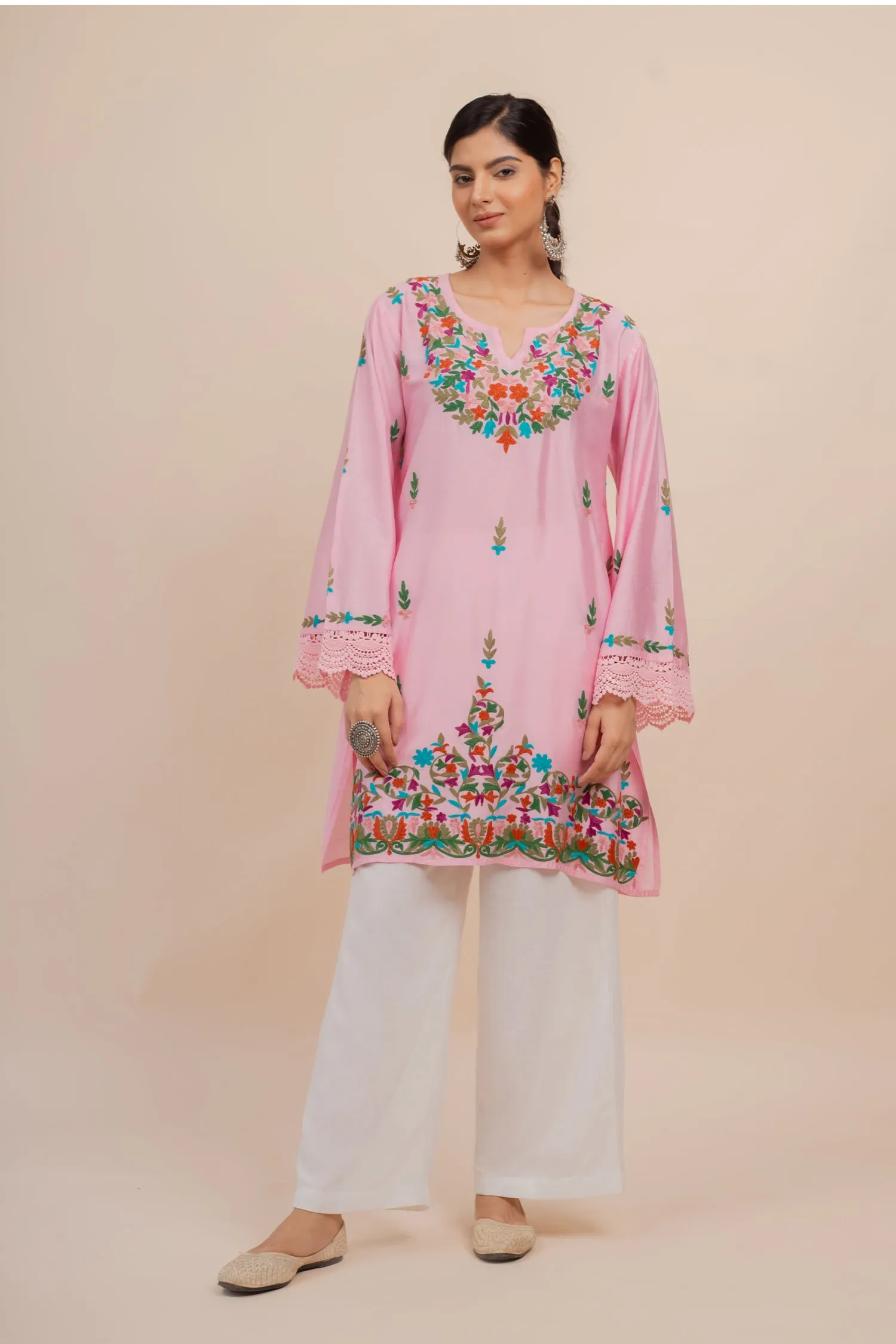 Falak Kashmiri Long Kurta In Pink Chanderi Silk With Aari