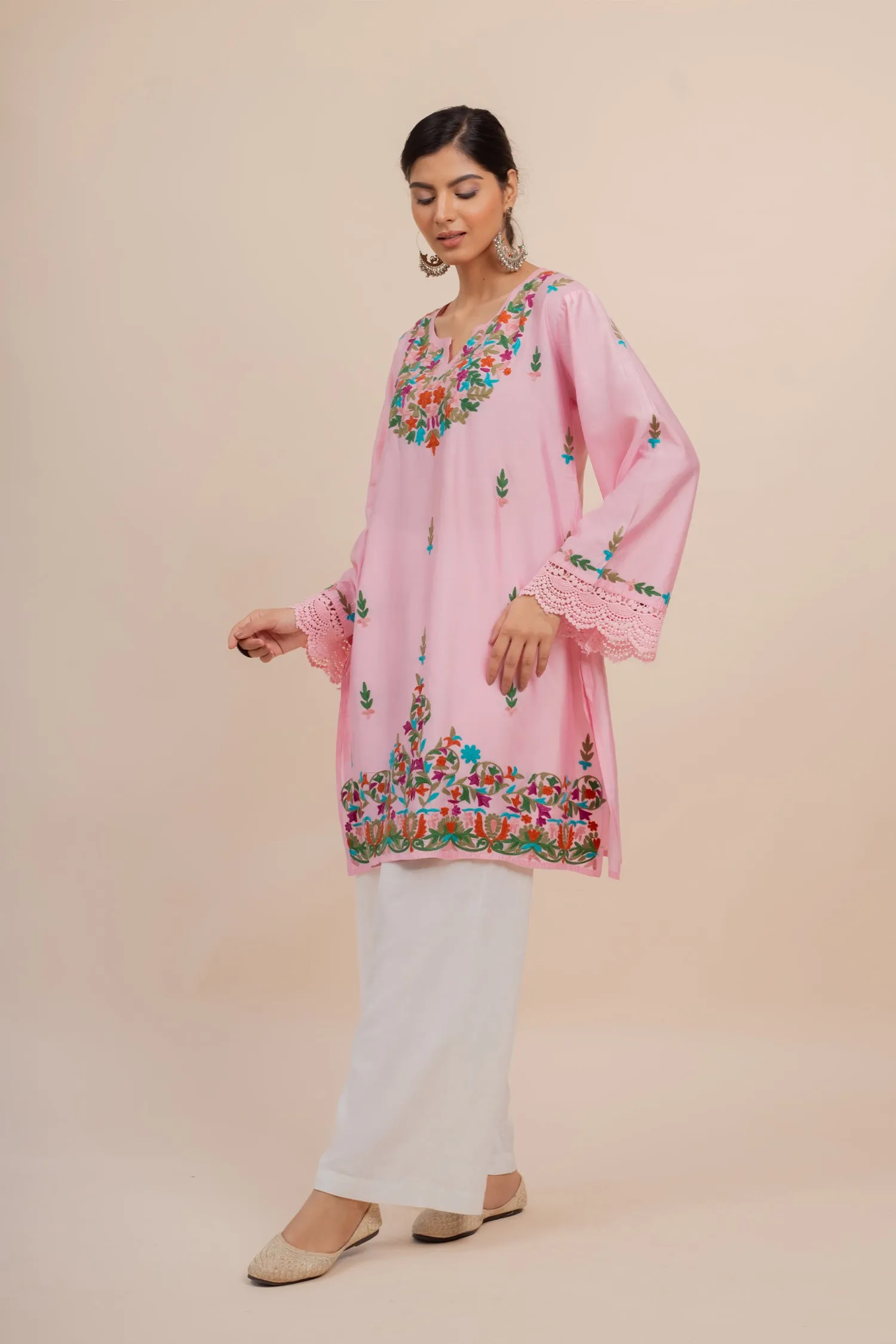 Falak Kashmiri Long Kurta In Pink Chanderi Silk With Aari