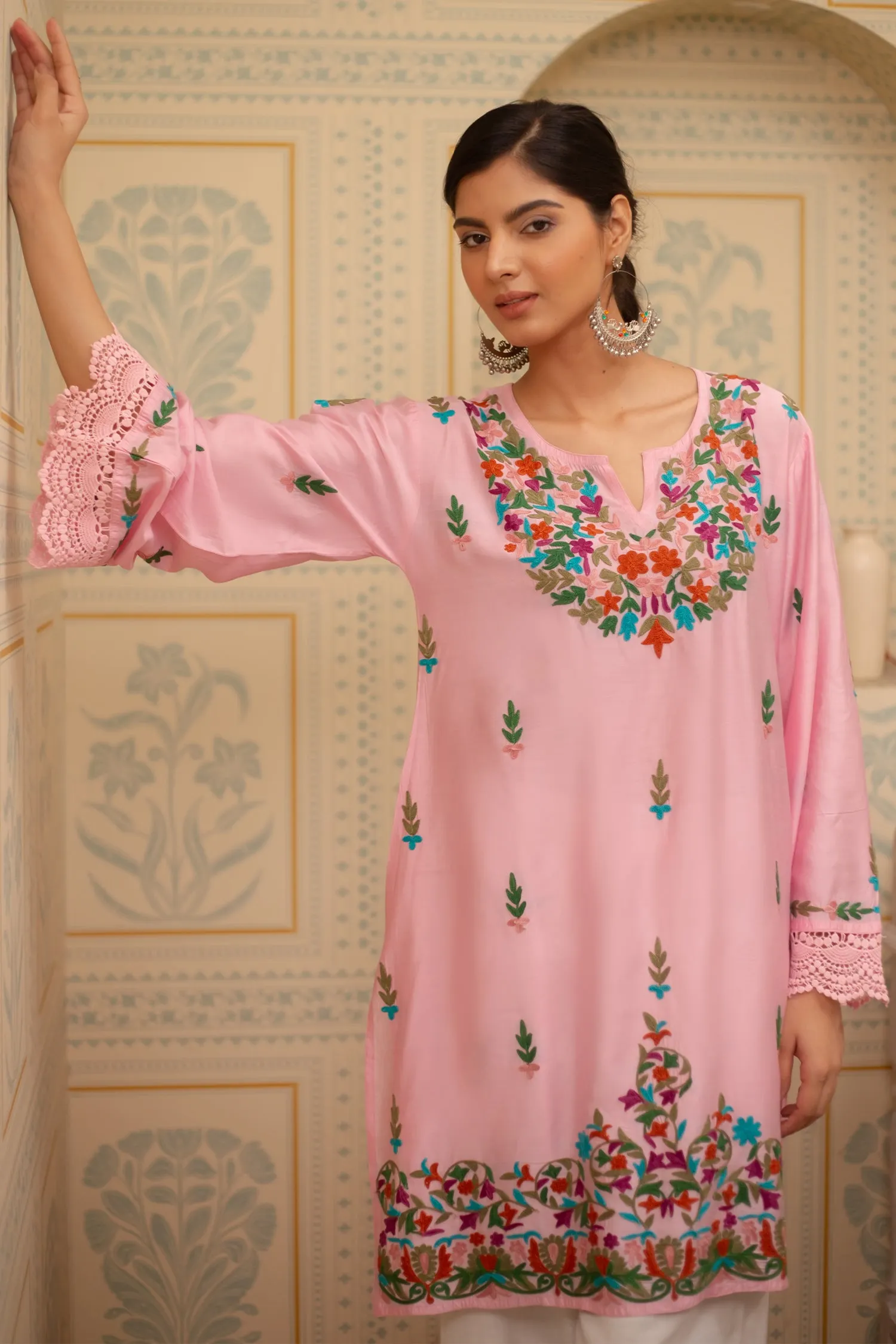 Falak Kashmiri Long Kurta In Pink Chanderi Silk With Aari