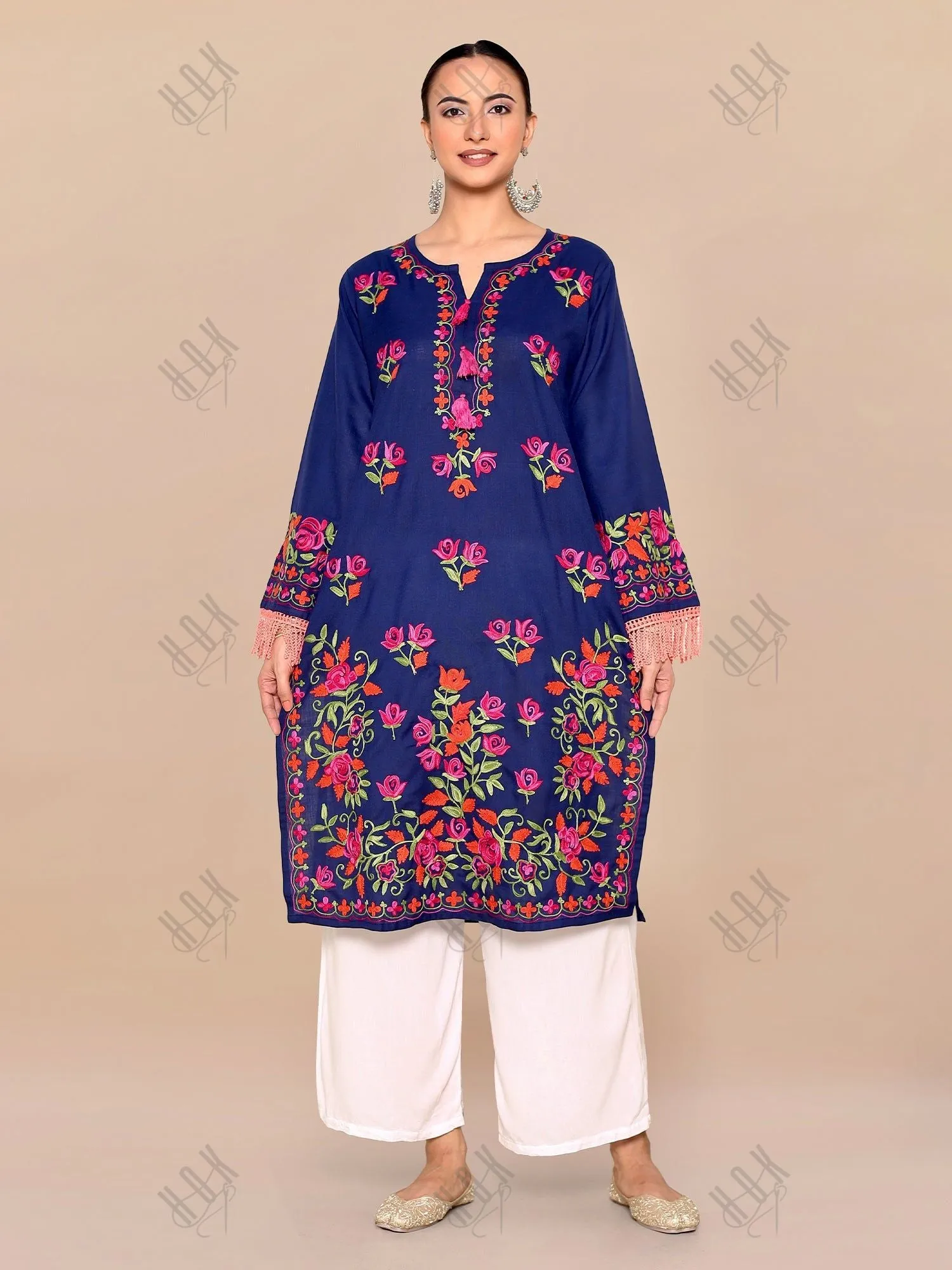 Falak Kashmiri Long Kurta- Navy Blue