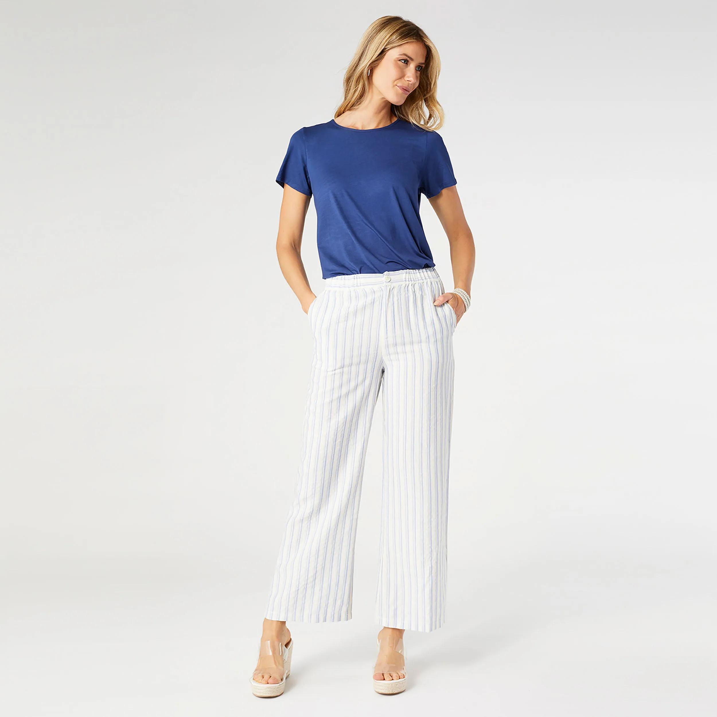 Fallon Wide Leg Striped Pant - Off White/Blue