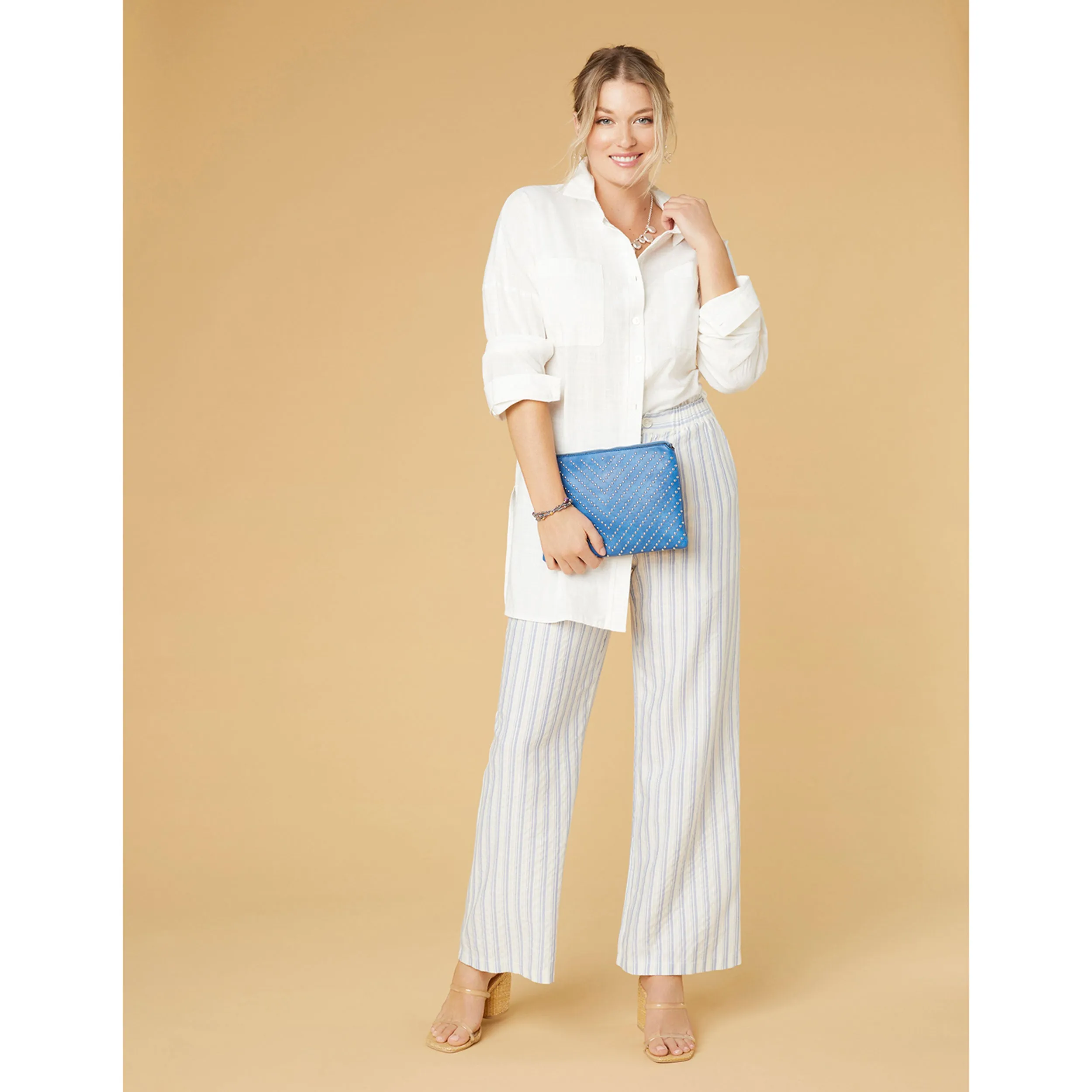 Fallon Wide Leg Striped Pant - Off White/Blue