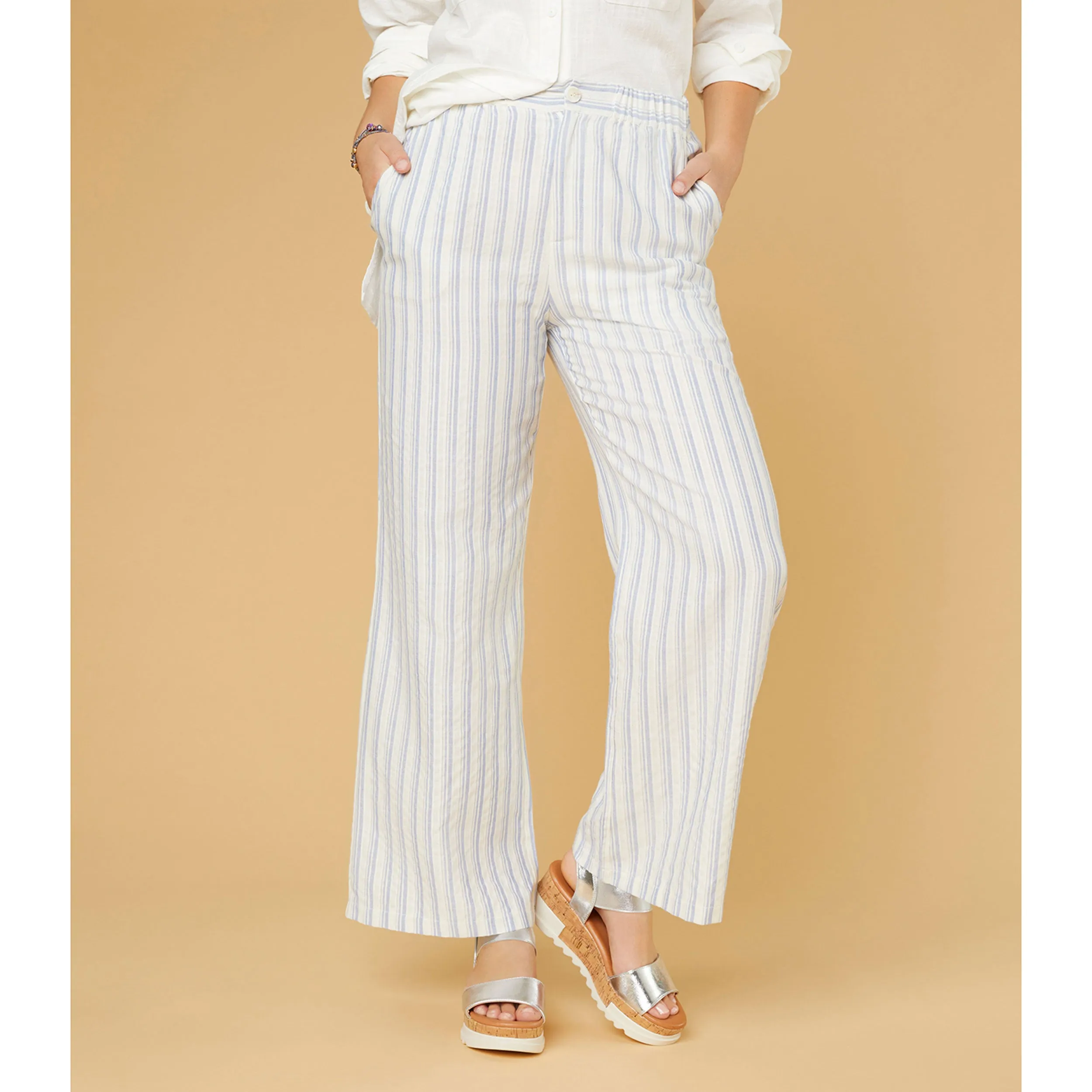 Fallon Wide Leg Striped Pant - Off White/Blue