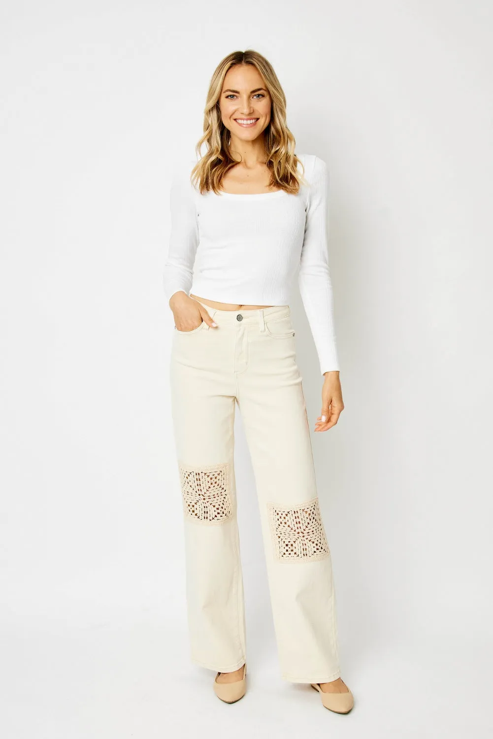 Gabriella Natural Wide Leg High Waist Garment with Crochet Patches - PLUS