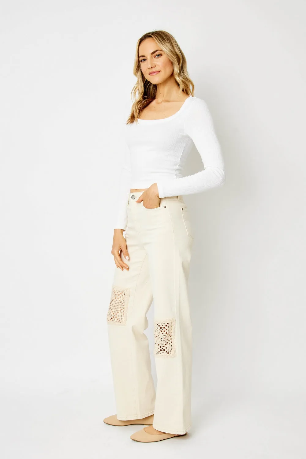 Gabriella Natural Wide Leg High Waist Garment with Crochet Patches - PLUS