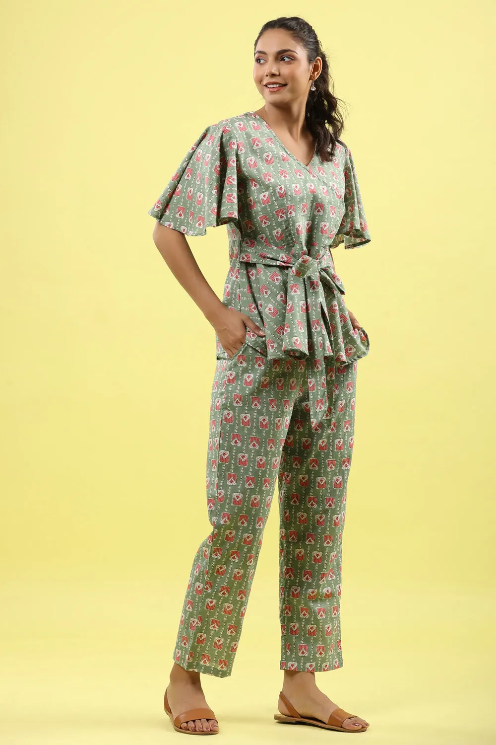 Geometrical Print on Green Tie Up Co-ord Set