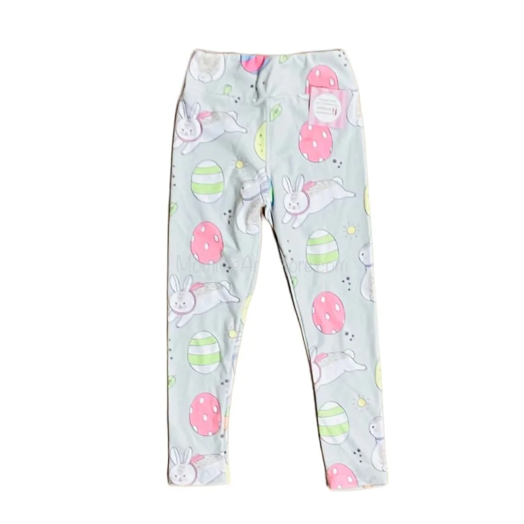 Girls Easter Bunny Leggings, Kids Yoga Pants, Sizes S/L, Yoga Waist, Gray/Pink, Exclusive Leggings