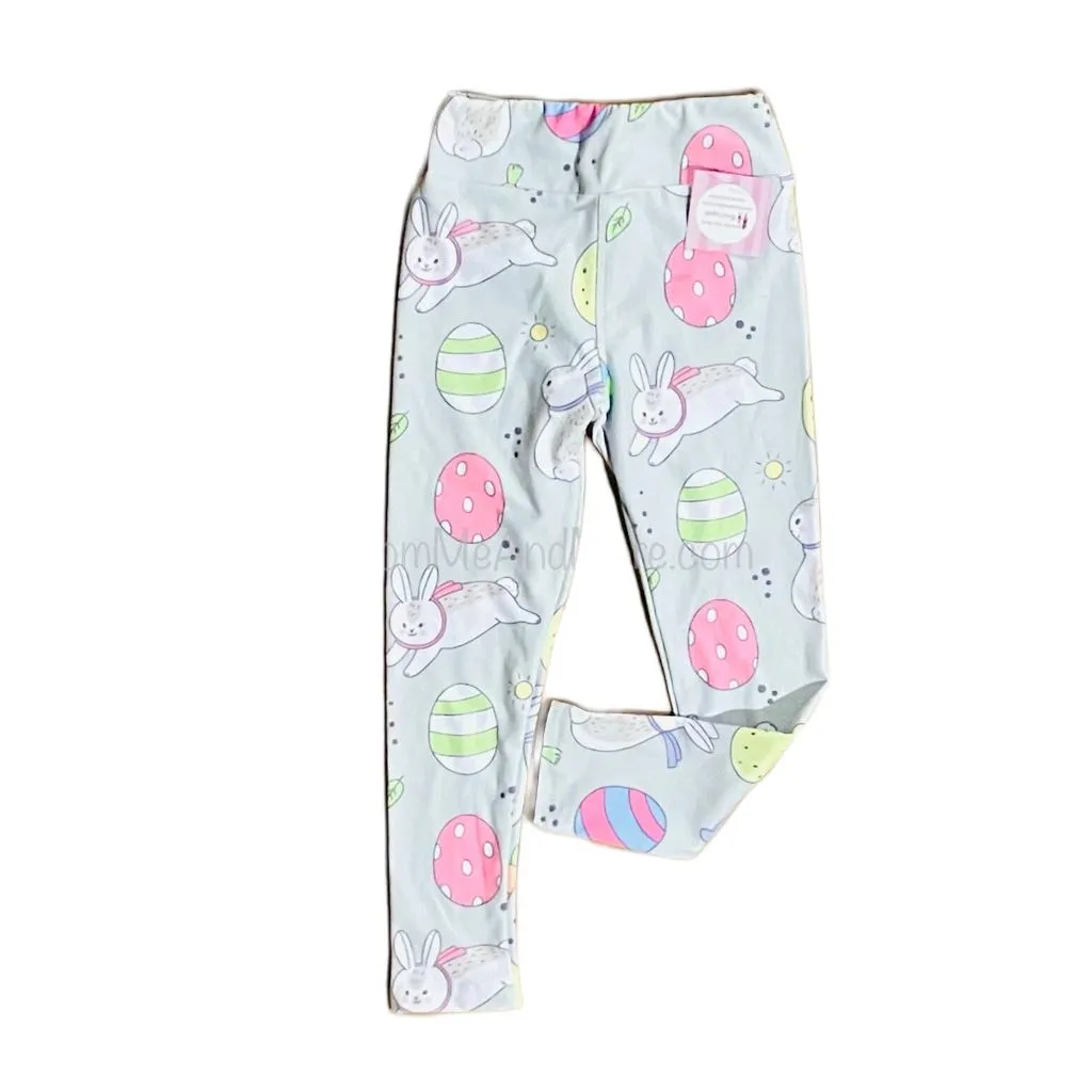 Girls Easter Bunny Leggings, Kids Yoga Pants, Sizes S/L, Yoga Waist, Gray/Pink, Exclusive Leggings