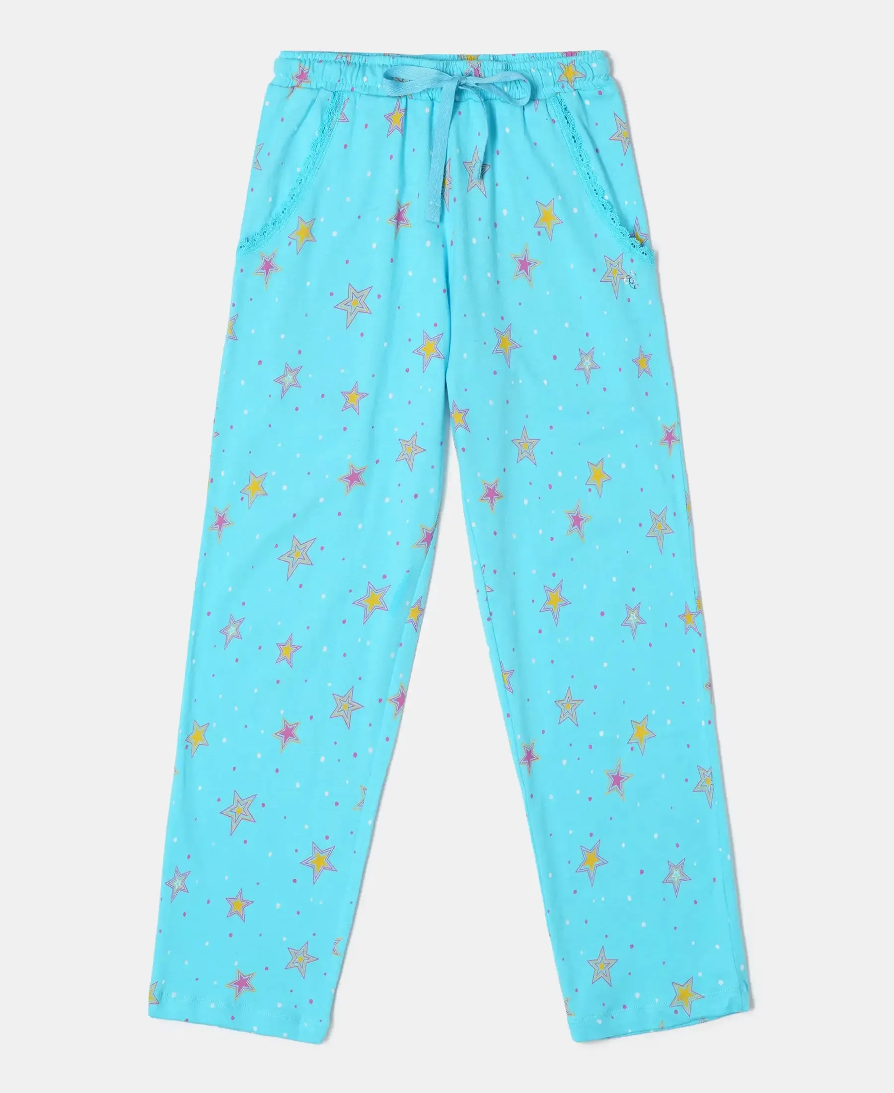 Girl's Super Combed Cotton Printed Pyjama - Blue Curacao Printed