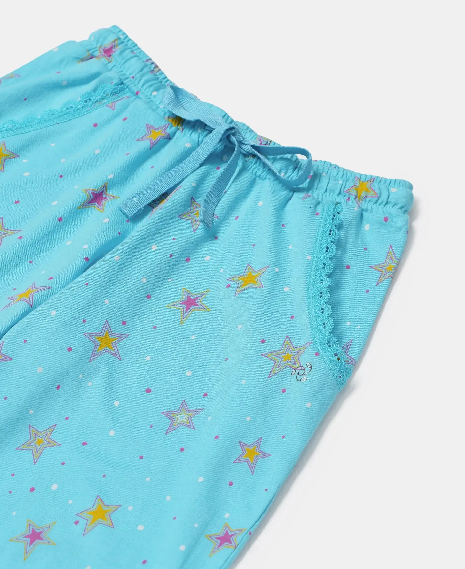 Girl's Super Combed Cotton Printed Pyjama - Blue Curacao Printed