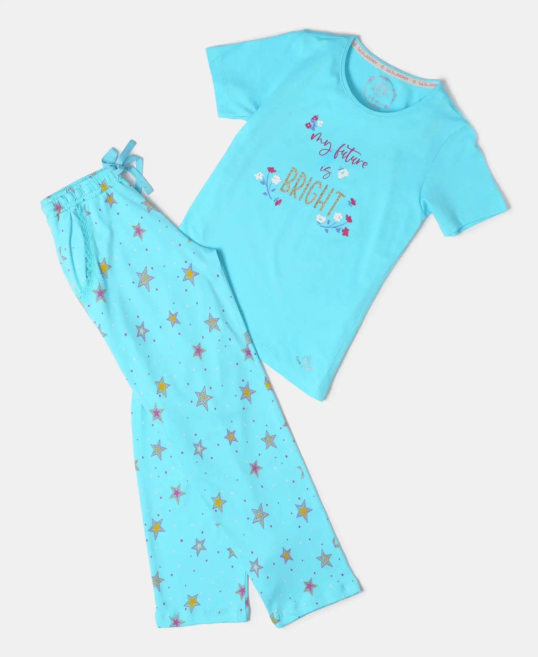 Girl's Super Combed Cotton Printed Pyjama - Blue Curacao Printed