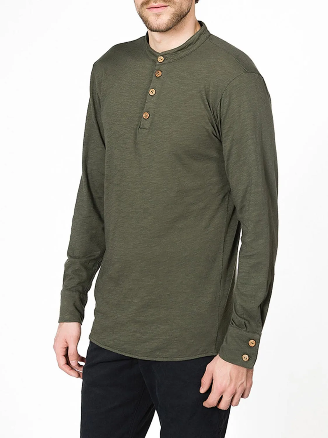 Henley Organic Cotton Slub Long Sleeve T-shirt Khaki