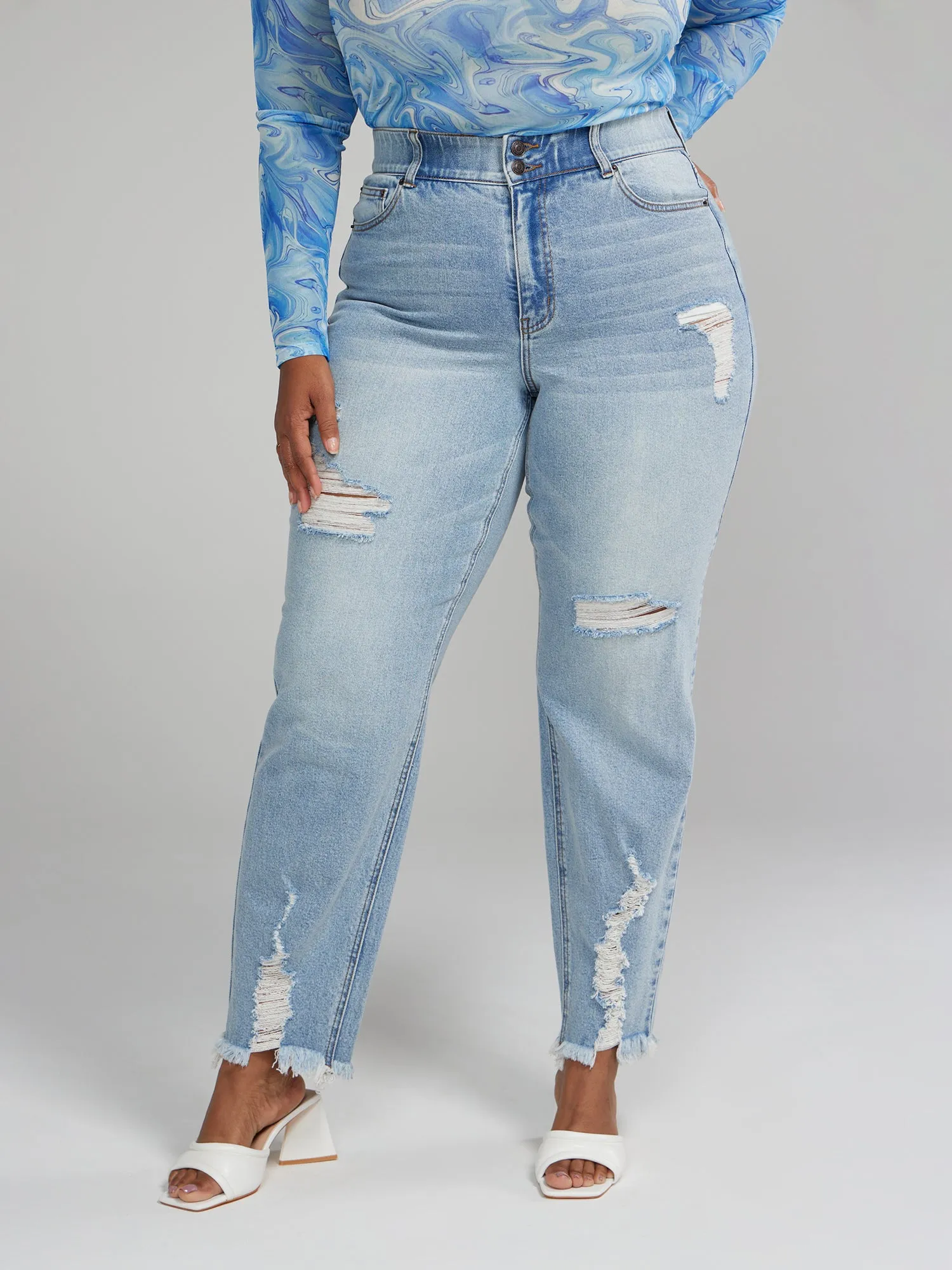 High Rise Curvy Fit Destructed Straight Leg Jeans - Tall Inseam