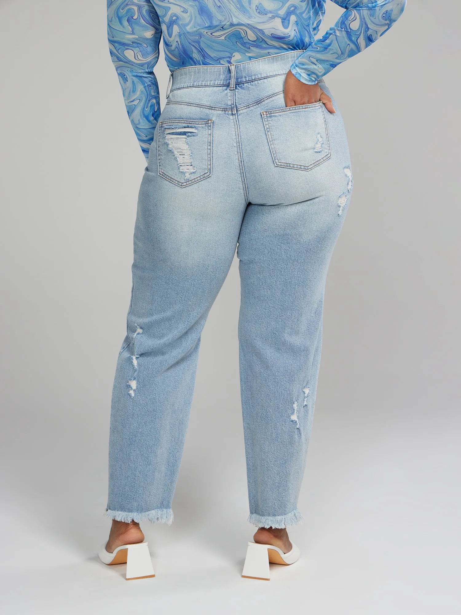 High Rise Curvy Fit Destructed Straight Leg Jeans - Tall Inseam