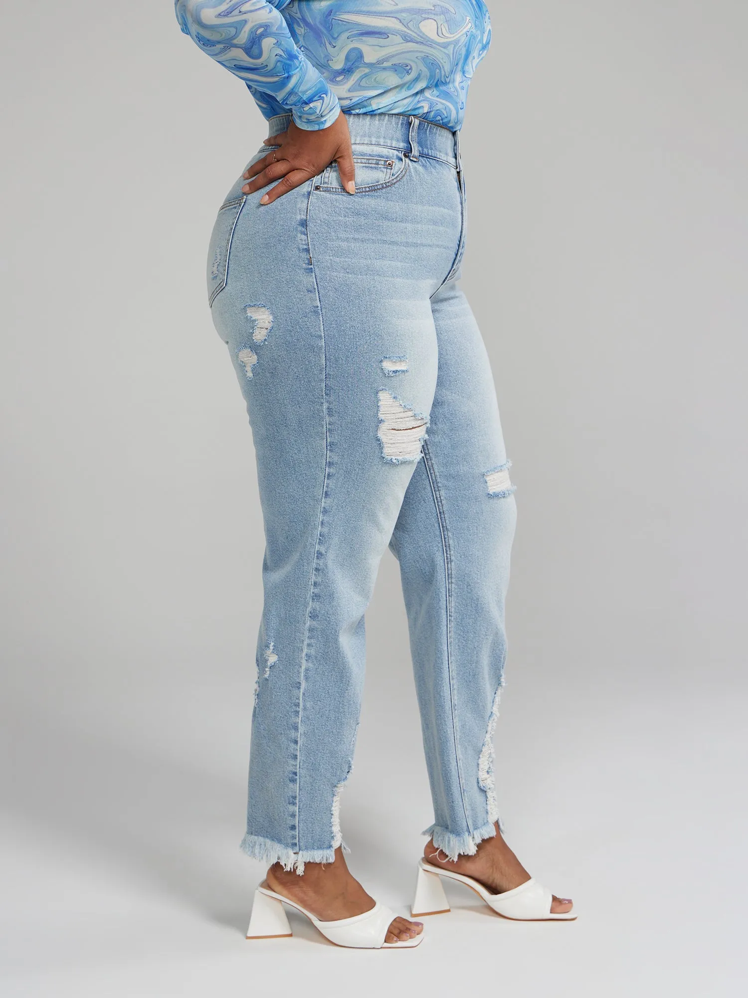 High Rise Curvy Fit Destructed Straight Leg Jeans - Tall Inseam