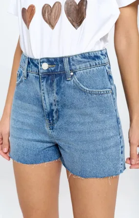 HIGH RISE FREY HEM DENIM SHORTS