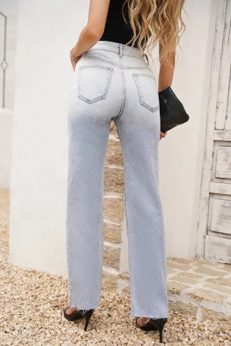 High Rise Ombre Raw Cuffs Straight Jeans