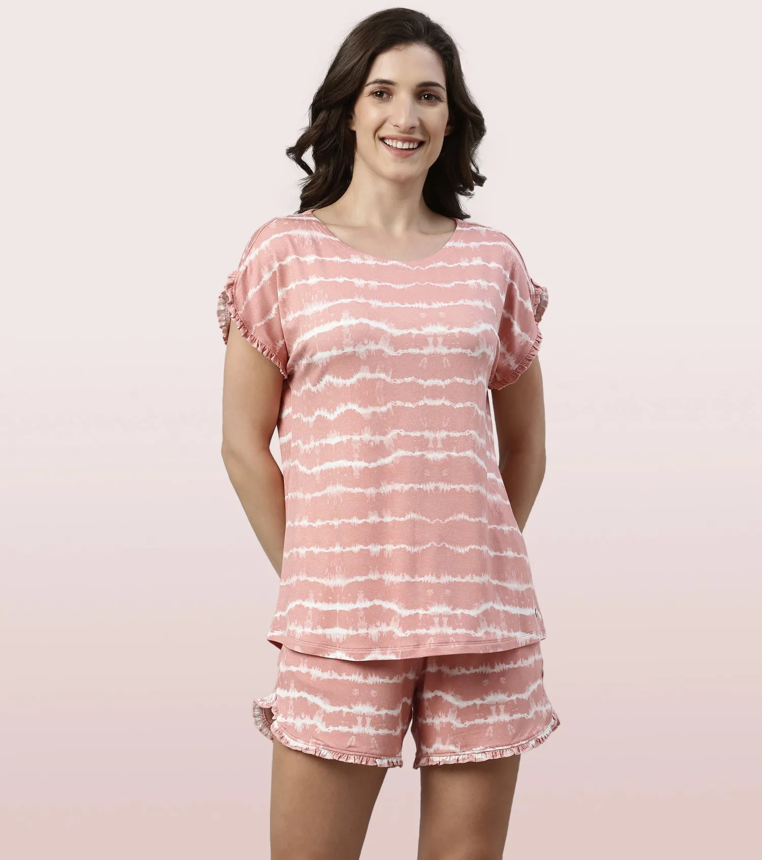 Home Shorts Set | Viscose Printed Ruffled Trim Tee And Shorts Set