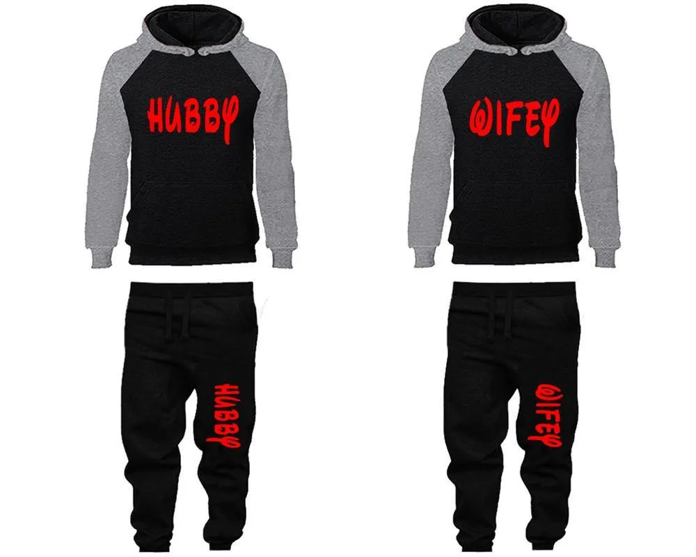 Hubby Wifey Couple Hoodies and Jogger Pants, Matching Top and Bottom Set